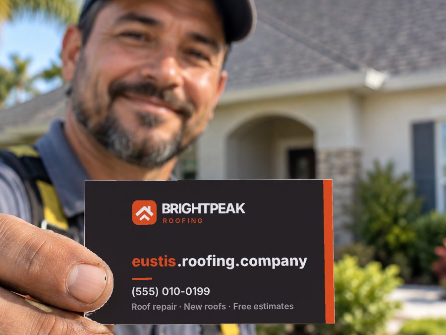 eustis.roofing.company on a roofer's business card