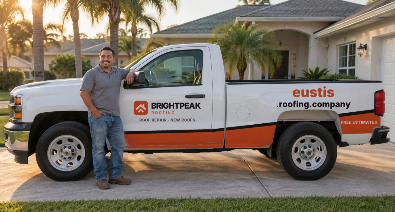 eustis.roofing.company painted on the side of a white work truck
